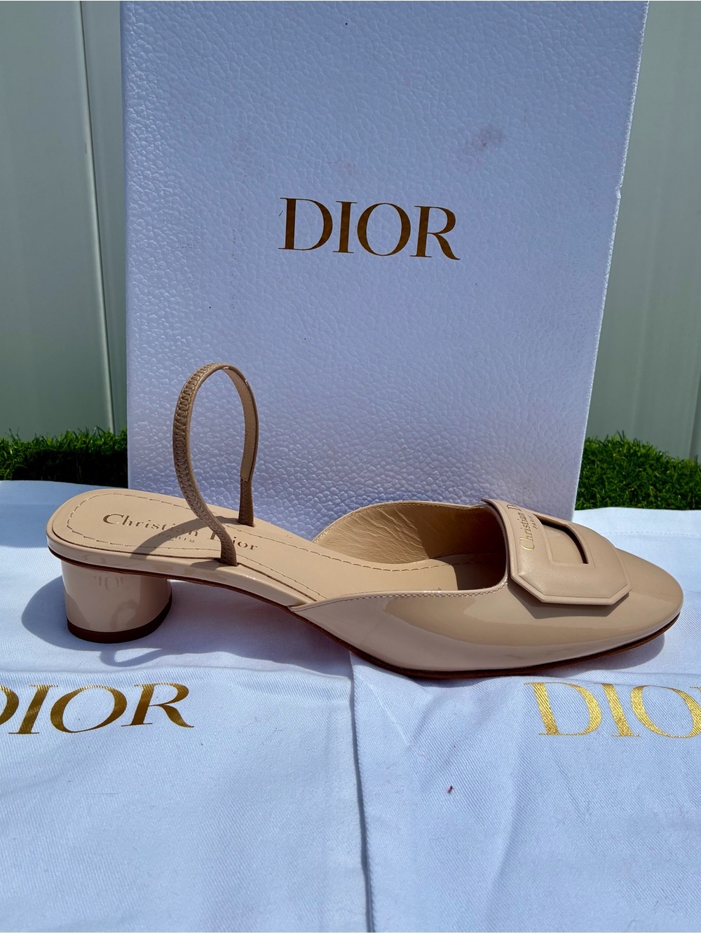 DIOR DAY SLING BALLERINA PUMP NEUTRAL BEIGE CALF PAT. LEATHER LOGO SZ 38.5 NEW - Picture 8 of 16